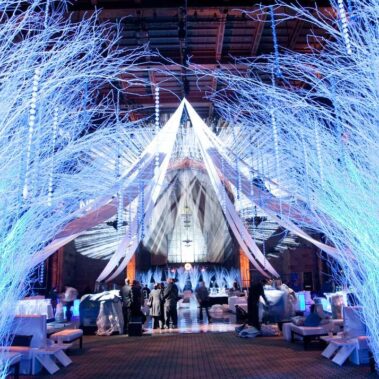 An indoor event space in NY,NY features glowing white branches and draped white fabric, creating a winter wonderland atmosphere. Guests gather under dramatic blue lighting—perfect for entertainment services in Suffolk and Nassau County.