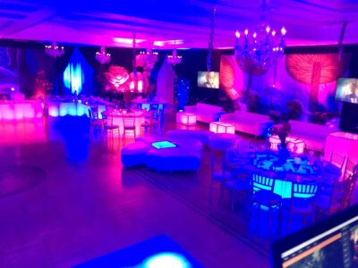 A lavish event space with glowing blue and pink lights, round tables, white couches, chandeliers, and large decorative flowers creates a vibrant, whimsical atmosphere—perfect for entertainment services Suffolk and Nassau County.